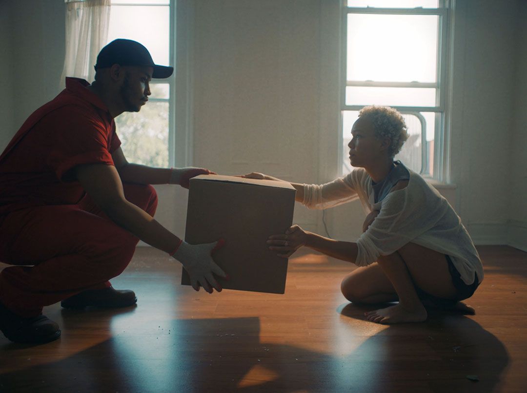 Key mover Alexander Diaz and tenant Tilly Evans-Krueger in Mover, directed by Jackson Jarvis. Mover will be shown at the 53704 Frame by Frame Film Festival on November 4, 2023, in Madison, Wisconsin.