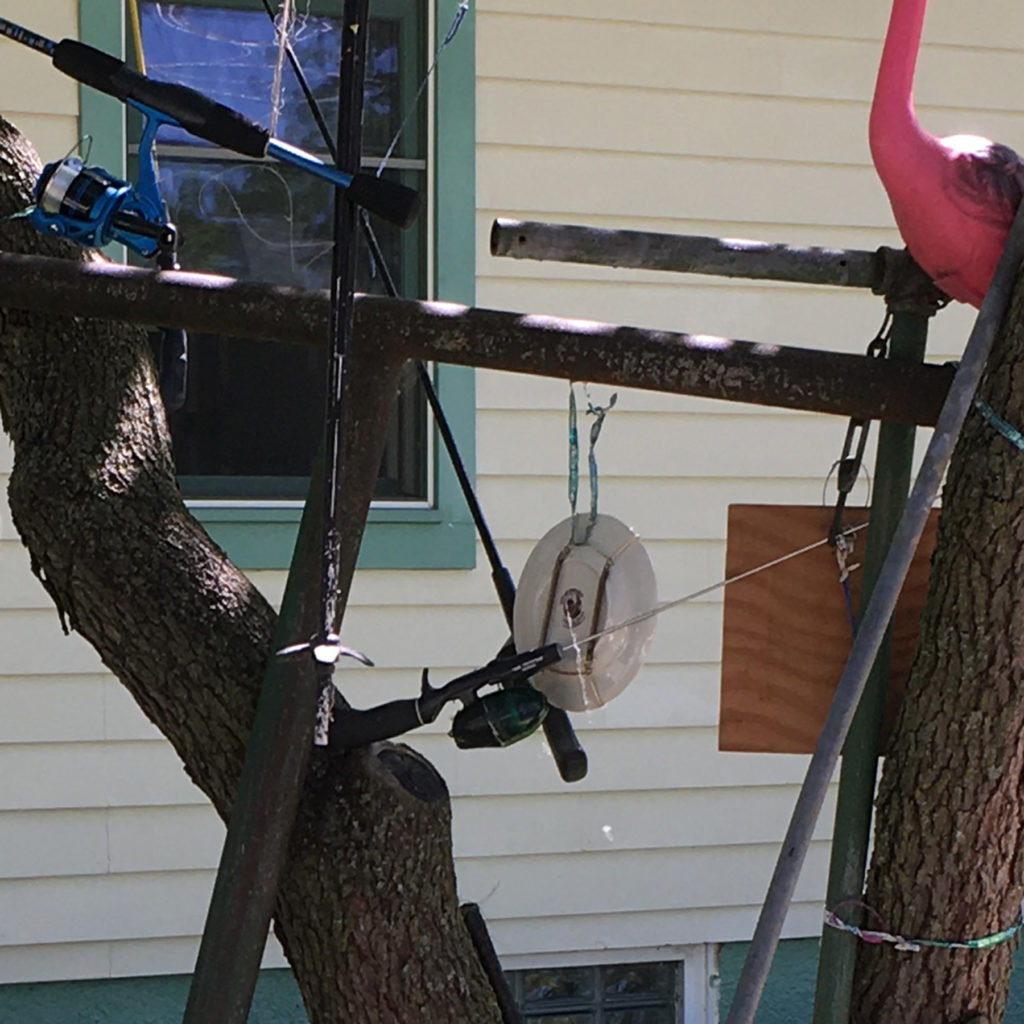 tree with fishing poles, clothesline poles, small flag on pole, ceramic and plastic poultry, ceramic plates painted with turkeys