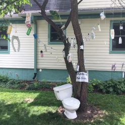 Tree with toilet sitting at base and bottles of shampoo, conditioner, hand lotion, etc.; toothpaste; toothbrushes; plastic bottles; and shower cap hanging from branches