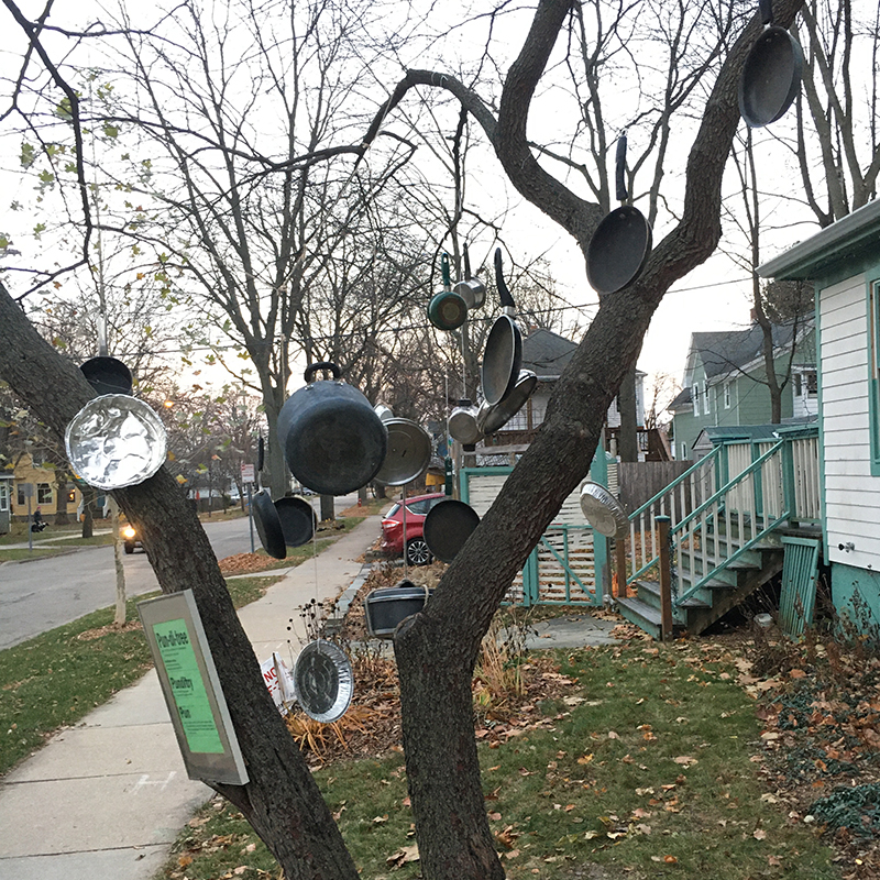 pans hanging from tree