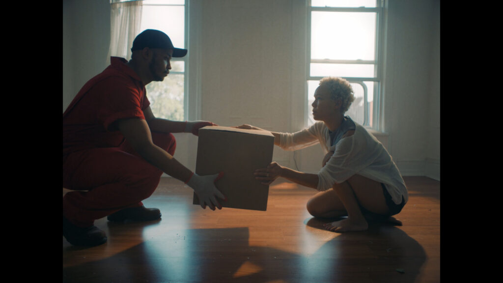 Key mover Alexander Diaz, left, and tenant Tilly Evans-Krueger in "Mover," directed by Jackson Jarvis. "Mover" will be shown at the 53704 Frame by Frame Film Festival on November 4, 2023, at the Barrymore Theatre in Madison, WIsconsin.