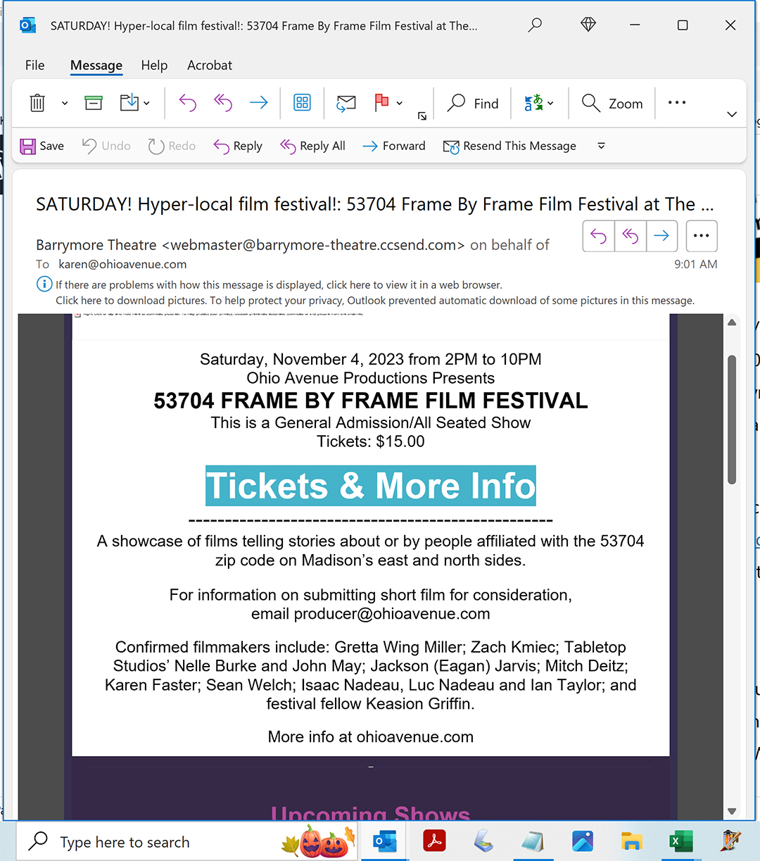 photo of email from Barrymore Theatre about 53704 Frame by Frame Film Festival sent Nov. 3