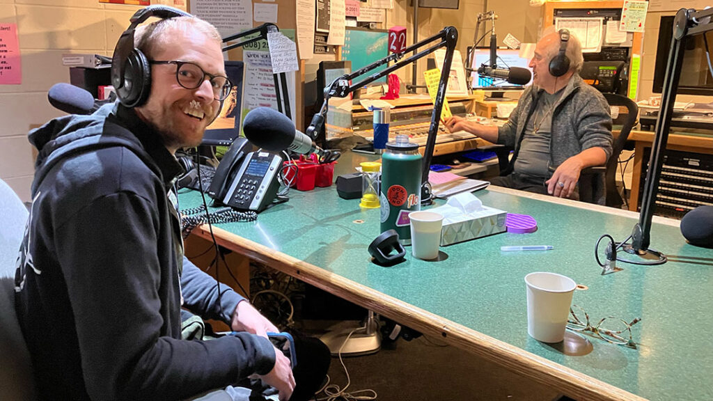 Kurt Sensenbrenner, left, on WORT 89.9 FM's 8 O'Clock Buzz host Tony Casteñada, discussing their work being shown Nov. 4 during the 53704 Frame by Frame Film Festival at the Barrymore Theatre in Madison, Wisconsin.